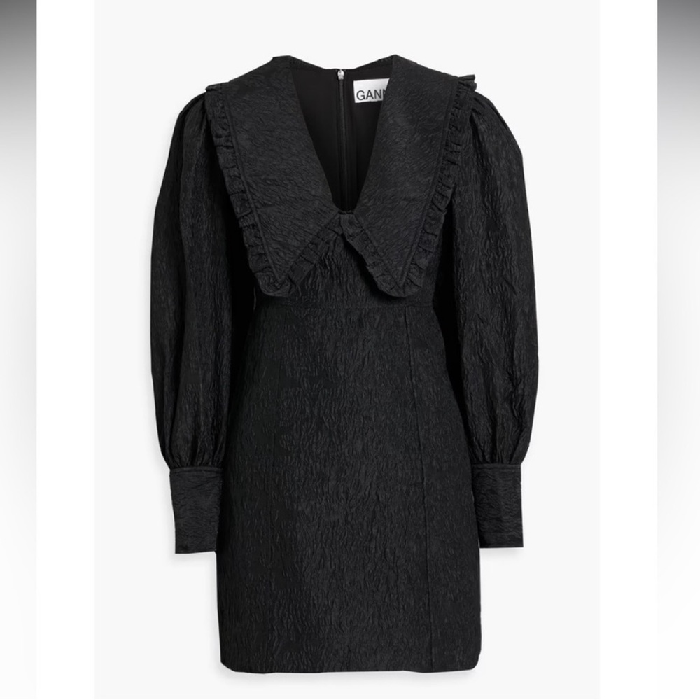 Ganni Ruffled Collar Black Long Sleeve Mini Dress - Picture 3 of 6